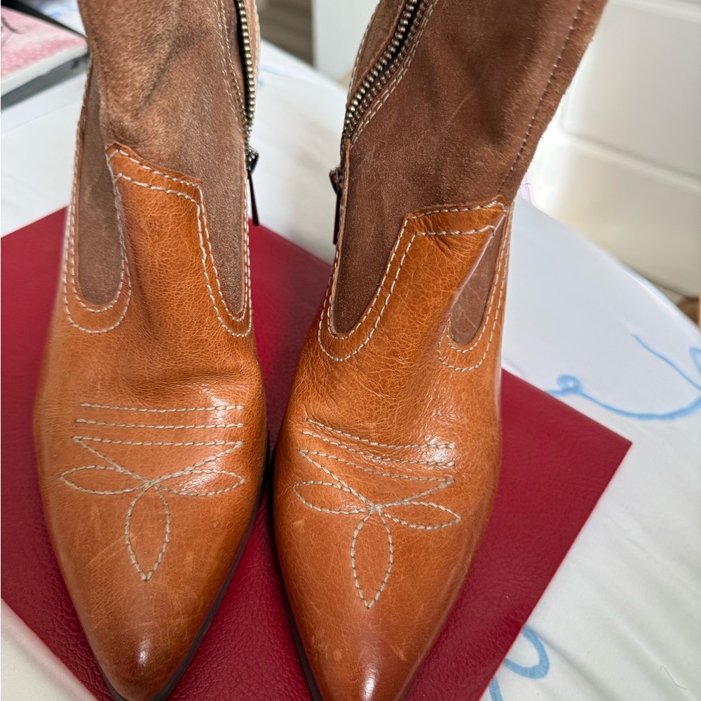 Donald J. Pliner Brown Heeled Boots with Western Stitching